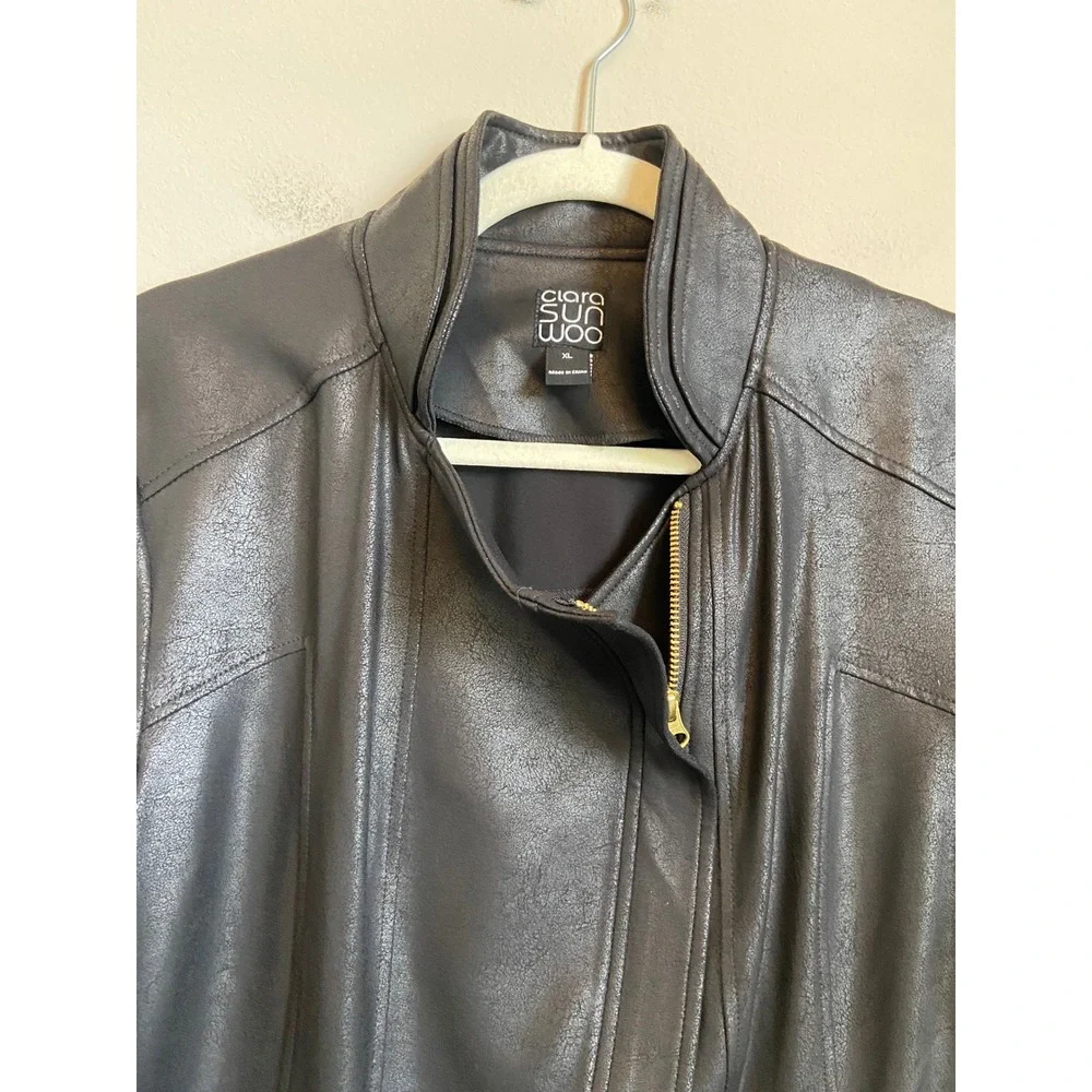 Clara Sunwoo Womens XL Black Liquid Leather Zip Moto Jacket Gold Zip - Picture 3 of 8
